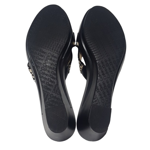 Calvin Klein "Rebah" black white spotted faux calf hair platform cutout wedges - Picture 8 of 8
